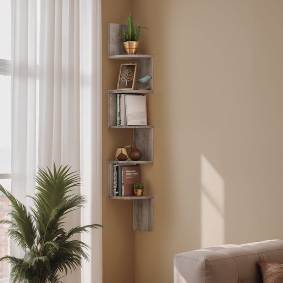 LEDREM Floating Corner Shelf - 5-Tier Wall Mount Bookshelf, Space-Saving Design, 13.2lb Capacity per Shelf, Heather Greige