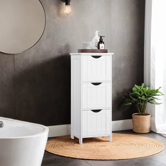 LEDREM Floor Storage Cabinet, 12.6 Inch Modern Freestanding Organizer with 3 Drawers, Compact Design for Bathroom Living Room Kitchen, Matte White