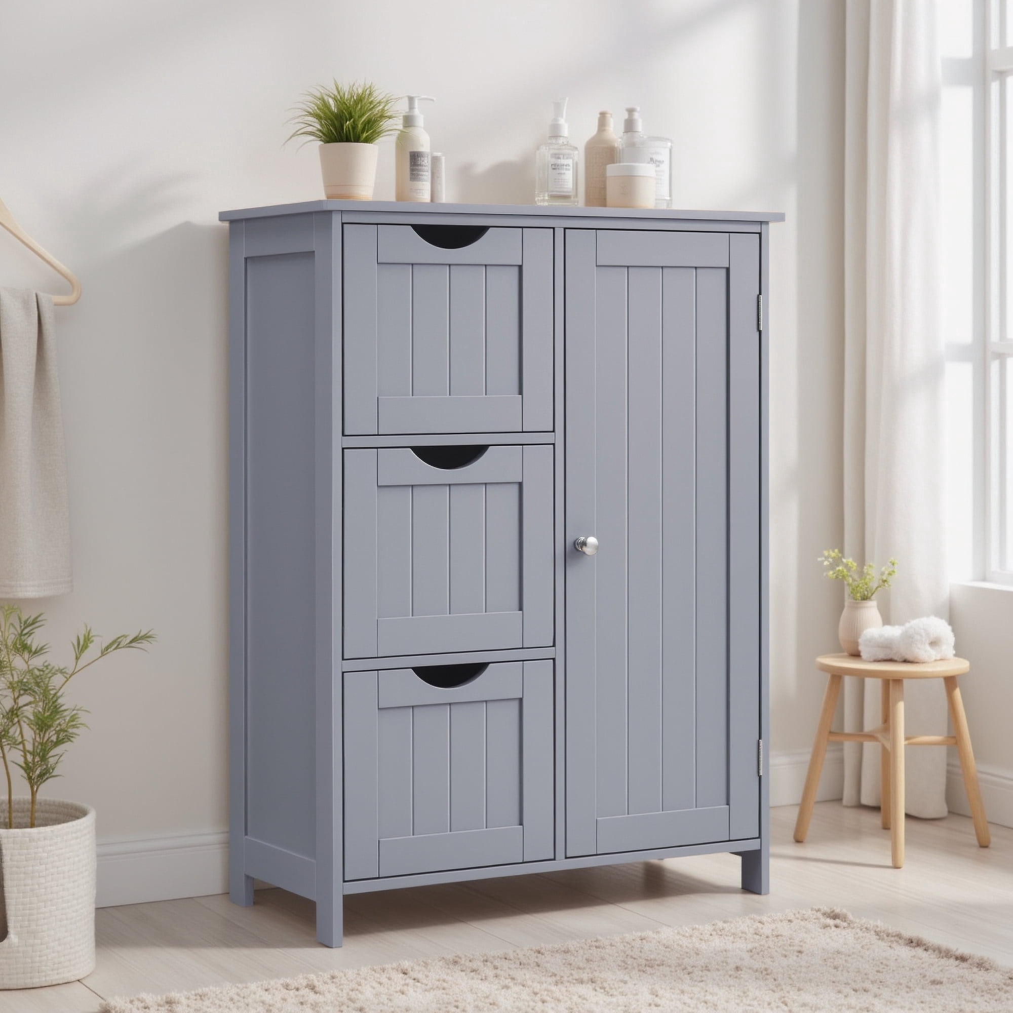 LEDREM Floor Storage Cabinet, 23.6 Inch Freestanding Organizer with 3 Drawers, Adjustable Shelf & Anti-Tip Kit, for Living Room Bathroom Kitchen, Dove Gray