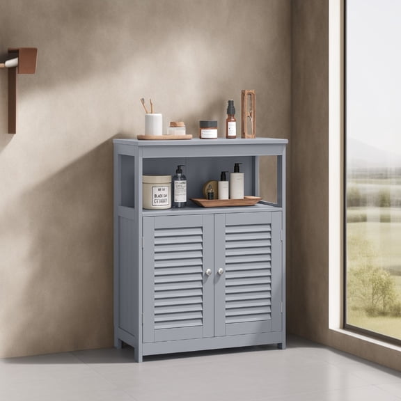 LEDREM Floor Storage Cabinet, 23.6 Inch Freestanding Organizer with Double Shutter Doors & Adjustable Shelf, for Living Room Bathroom Entryway, Dove Gray