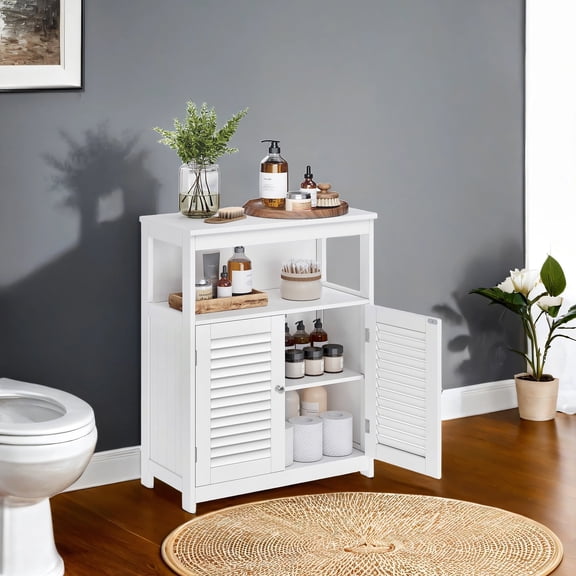 LEDREM Floor Storage Cabinet with Double Shutter Doors and Adjustable Shelf, Freestanding Storage Unit for Bathroom, Living Room, Entryway, Kitchen, White
