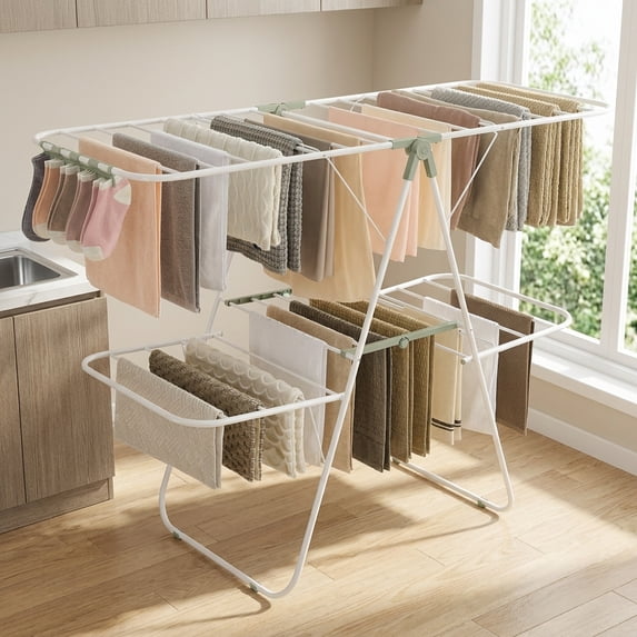 LEDREM 2-Tier Clothes Drying Rack, Foldable with 4 Adjustable Wings, 33 Rails, 27 Sock Clips, Free-Standing for Indoor/Outdoor Use, White & Green