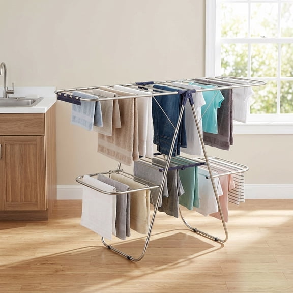 LEDREM 2-Tier Clothes Drying Rack, Foldable with 4 Adjustable Wings, 33 Rails, 27 Sock Clips, Free-Standing for Indoor/Outdoor Use, Silver & Blue