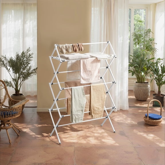 LEDREM Foldable Clothes Drying Rack, 12 Rod Laundry Airer with Steel Frame, Indoor Outdoor Use, 36.6 x 53.2 Inches, Pearl White