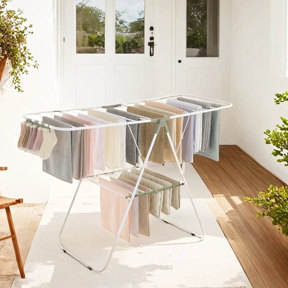 LEDREM Foldable Clothes Drying Rack with Sock Clips,Metal Laundry Airer,Space-Saving Free-Standing Design,Adjustable Wings,White and Green