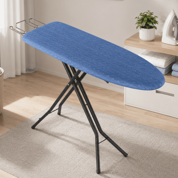 LEDREM Foldable Ironing Board, 43" x 13", with Cover and Pad, Iron Rest, Hook, 7 Level Height Adjustable, Blue