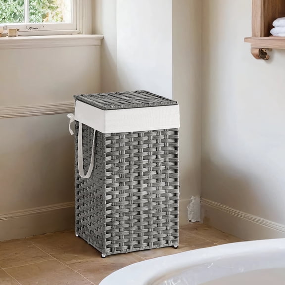 Foldable Laundry Hamper with Removable Liner & Lid – 17.2 Gallon (65L) Synthetic Rattan Basket, Handles for Easy Carry, Space-Saving for Bathroom,Bedroom, Holds 44lb, Dove Gray