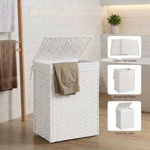 Foldable Laundry Hamper with Removable Liner & Lid, 17.2 Gallon (65L) Synthetic Rattan Basket, Handles, Space-Saving for Bedroom，Bathroom, Cloud White