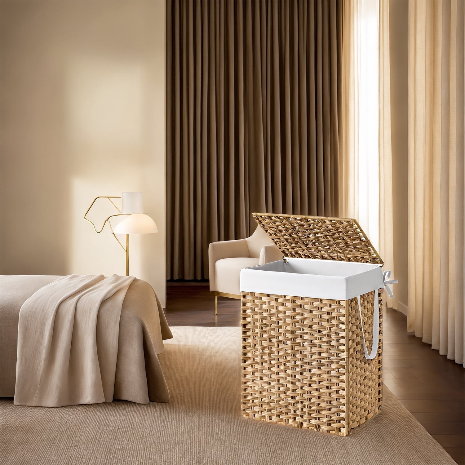 LEDREM Foldable Laundry Hamper with Removable Liner & Lid – 23.8 Gallon (90L) Synthetic Rattan Basket, Handles for Easy Carry, Space-Saving Design, Fits Bathroom，Bedroom, Goose Yellow