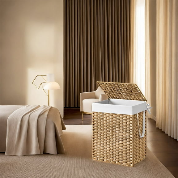 LEDREM Foldable Laundry Hamper with Removable Liner & Lid – 23.8 Gallon (90L) Synthetic Rattan Basket, Handles for Easy Carry, Space-Saving Design, Fits Bathroom,Bedroom, Goose Yellow