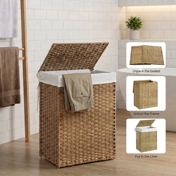 LEDREM Foldable Laundry Hamper with Removable Liner & Lid – 23.8 Gallon (90L) Synthetic Rattan Basket, Handles for Easy Carry, Space-Saving Design, Fits Bathroom,Bedroom, Goose Yellow