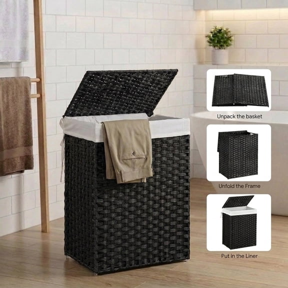 LEDREM Foldable Laundry Hamper with Removable Liner & Lid – 23.8 Gallon (90L) Synthetic Rattan Basket, Handles, Space-Saving for Bedroom,Bathroom, Black