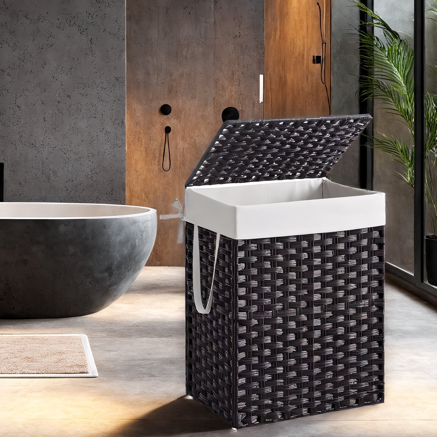 LEDREM Foldable Laundry Hamper with Removable Liner & Lid – 23.8 Gallon (90L) Synthetic Rattan Basket, Handles, Space-Saving for Bedroom，Bathroom, Black