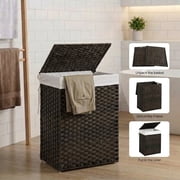 LEDREM Foldable Laundry Hamper with Removable Liner & Lid, 23.8 Gallon 90L Synthetic Rattan Storage Basket for Clothes, Handles, Space-Saving, Chestnut Brown