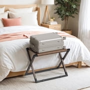 LEDREM Foldable Luggage Rack with Synthetic Leather Shelf, Metal Suitcase Stand for Guest Room Hotel Bedroom, Walnut Brown and Ink Black