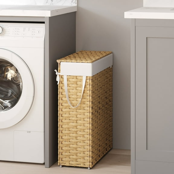 LEDREM Foldable Rattan Laundry Hamper with Removable Liner & Lid - 14.5 Gallon (55L) Storage, Space-Saving Design, Handles for Easy Carry, Waterproof & Ventilated, Goose Yellow