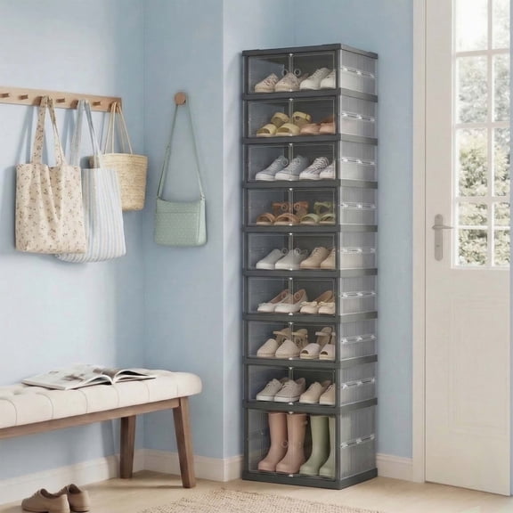 LEDREM Foldable Shoe Storage Organizer, Stackable Sneaker Cabinet with Magnetic Clear Door, 9-Tier Plastic Container for 18 Pairs, Transparent and Ink Black