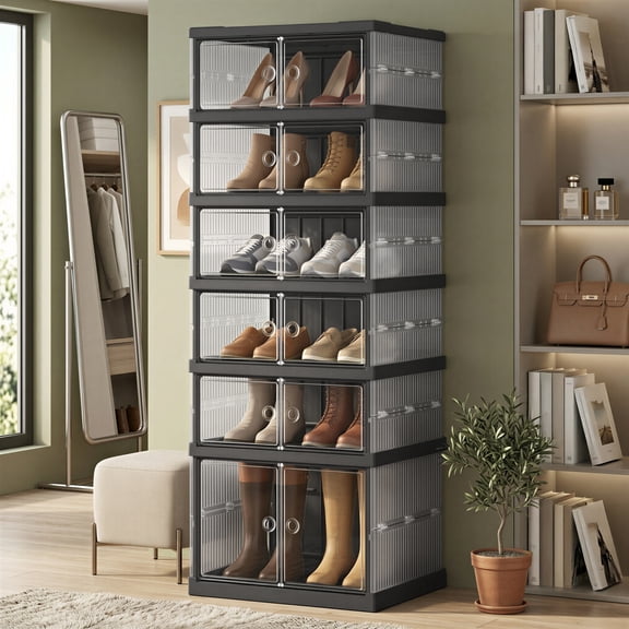LEDREM Foldable Shoe Storage Organizer, Stackable Sneaker Cabinet with Magnetic Clear Door, 6-Tier Plastic Container for 12 Pairs, Ink Black