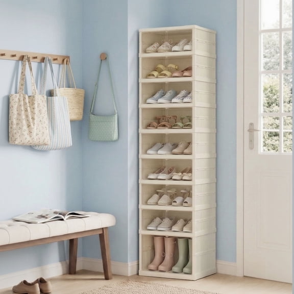 LEDREM Foldable Shoe Storage Organizer, Stackable Sneaker Cabinet with Magnetic Clear Door, 9-Tier Plastic Container for 18 Pairs, Cream White