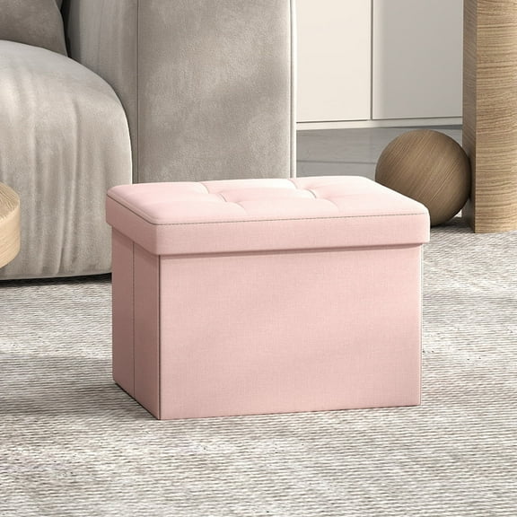LEDREM Foldable Storage Ottoman, 8 Gallon Capacity, 286lb Weight Limit, Tufted Linen-Look, Multi-Functional for Living Room, Bedroom, Jelly Pink
