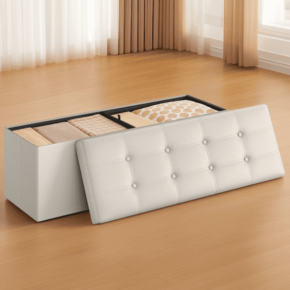 LEDREM 43" Foldable Storage Ottoman Bench, Ottoman with Storage 660lb Capacity, Synthetic Leather Ottoman Footstool, Beige