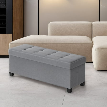 LEDREM 43" Storage Ottoman Bench with 660lb Capacity, End of Bed Bench, Folding Ottoman with Storage, Footrest, Dove Gray