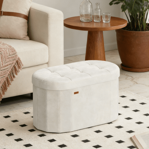 LEDREM 30" Foldable Storage Ottoman Bench, Velvet Fabric Ottoman with 2 Internal Dividers, Footrest for Bedroom Living Room, Cream White