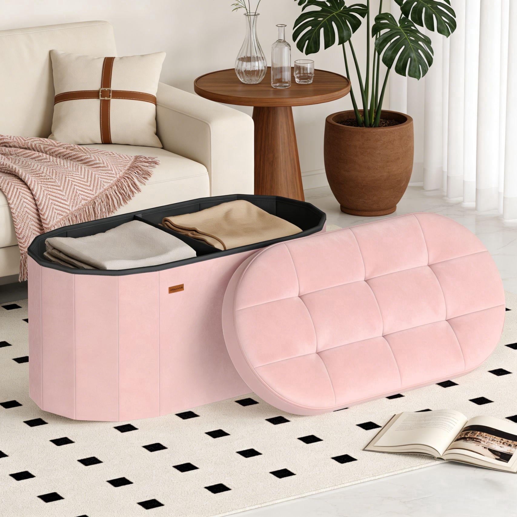 LEDREM 30" Foldable Storage Ottoman Bench, Velvet Fabric Ottoman with 2 Internal Dividers, Footrest for Bedroom Living Room, Jelly Pink