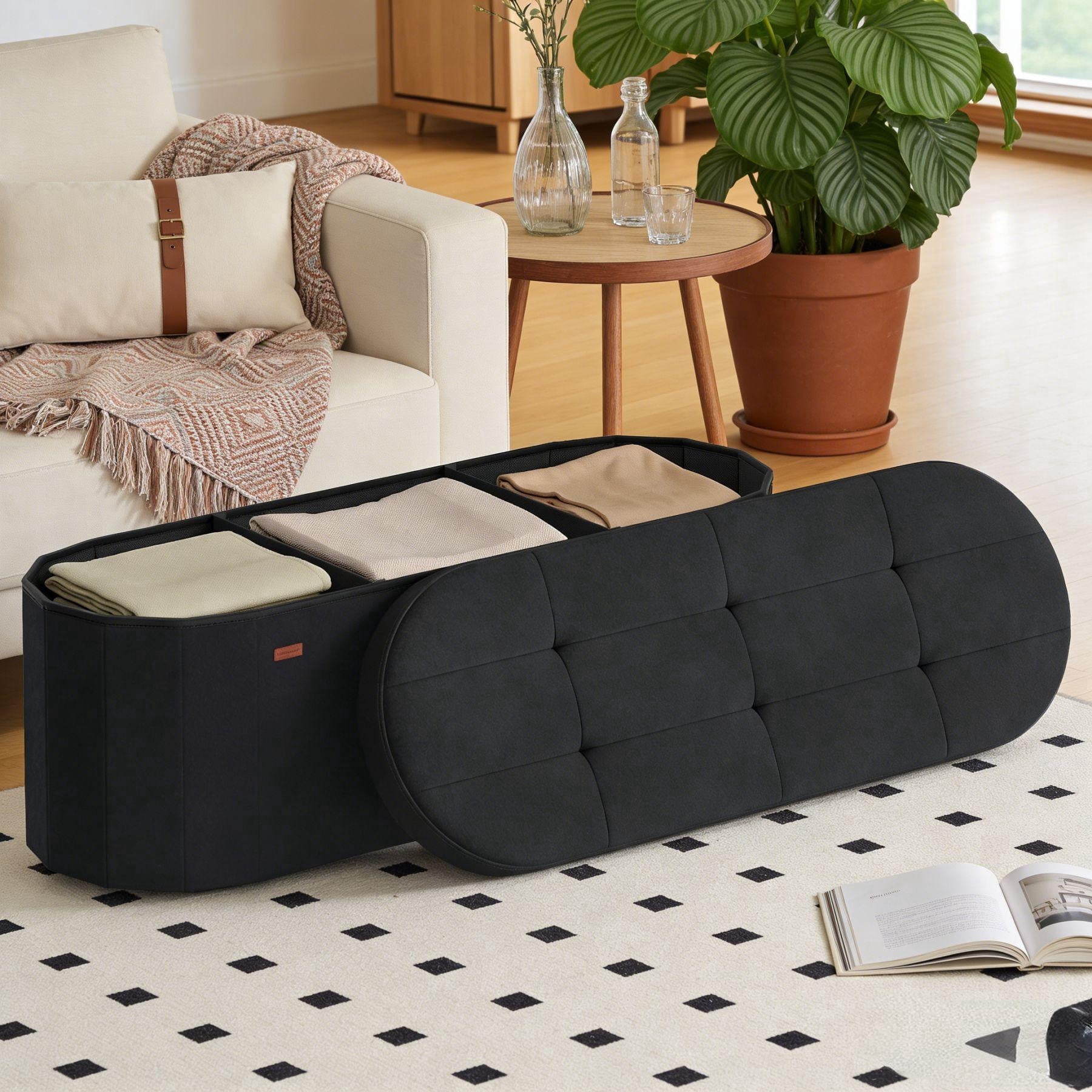 LEDREM 43" Foldable Storage Ottoman Bench, Velvet Fabric Ottoman with 2 Internal Dividers, Footrest for Bedroom Living Room, Ink Black