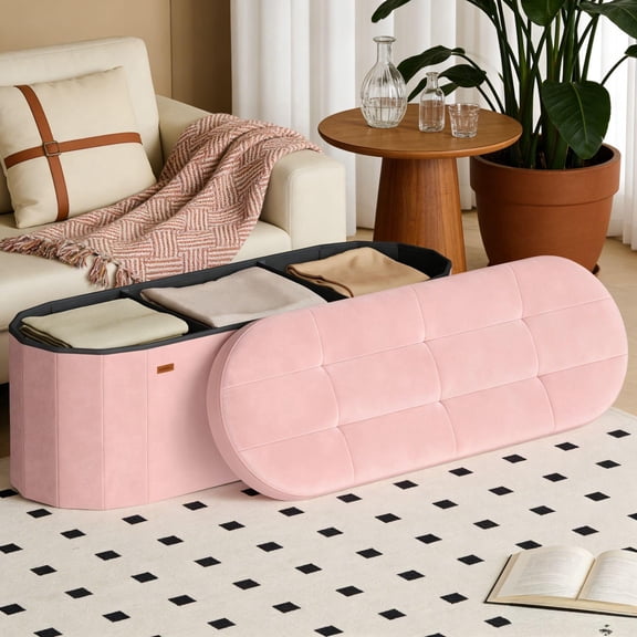 LEDREM 43" Foldable Storage Ottoman Bench, Velvet Fabric Ottoman with 2 Internal Dividers, Footrest for Bedroom Living Room