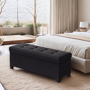 LEDREM 43" Storage Ottoman Bench with 660lb Capacity, End of Bed Bench, Folding Ottoman with Storage, Footrest, Ink Black
