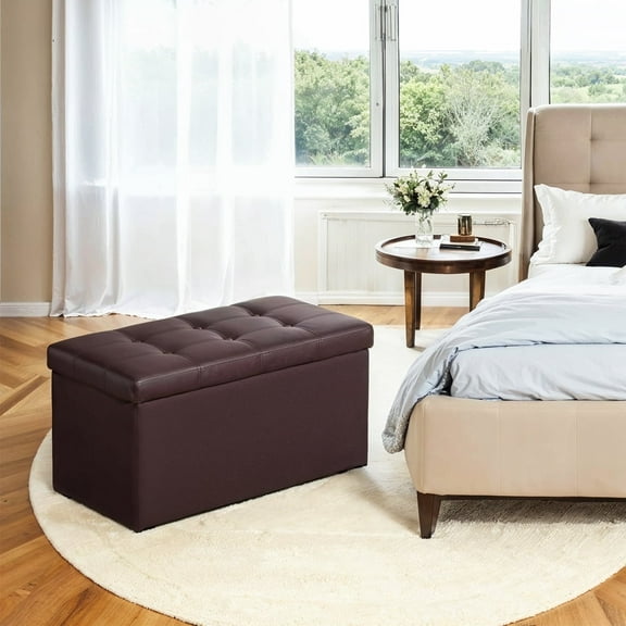 LEDREM Folding Storage Ottoman Bench, 30-Inch Synthetic Leather Seat with 660 lb Load Capacity, Thick Foam Padding, Multi-Use Footrest Chest, Brown