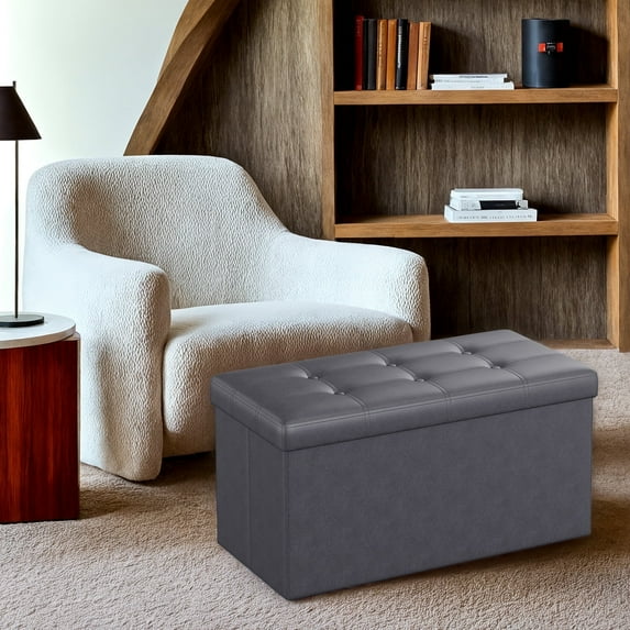 LEDREM Folding Storage Ottoman Bench, 30-Inch Synthetic Leather Seat with 660 lb Capacity, Thick Foam Cushion, Multi-Use Footrest Storage Chest, Dark Gray