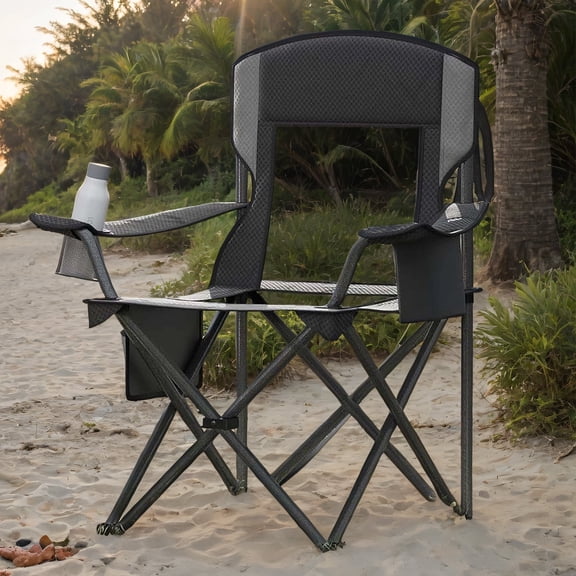 LEDREM Folding Camping Chair with Adjustable Armrests and Cooler Bag, 352 lb Weight Capacity, Breathable Mesh Design, Ink Black