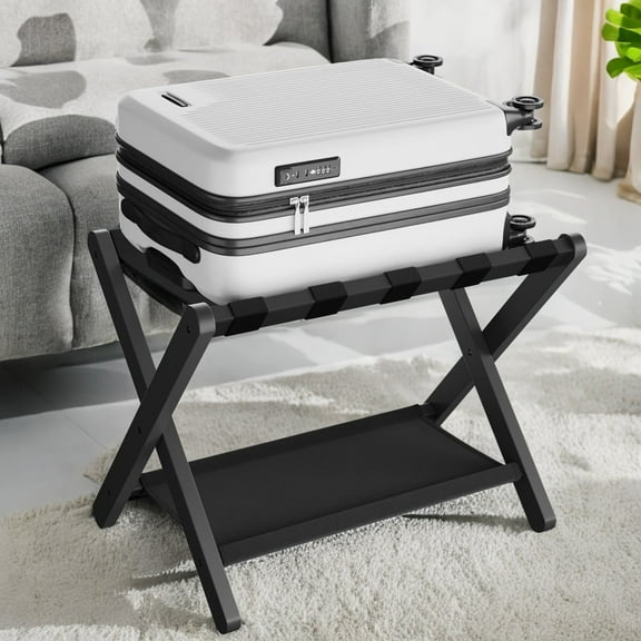 Folding Luggage Rack with Storage Shelf,Heavy-Duty Bamboo Frame&Nylon Straps,Holds 131 lb,Space-Saving Design,Classic Black