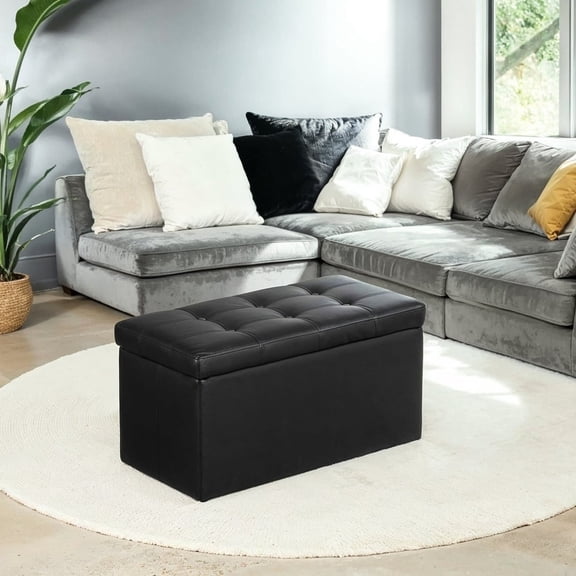 LEDREM Folding Storage Ottoman Bench, 660 lb Capacity Multipurpose Footrest Stool with 24 Gallon Storage, 30 Inch, Black Synthetic Leather