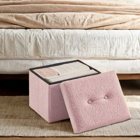 LEDREM Folding Storage Ottoman Footstool with Lid,Teddy Fleece Upholstered Seat,Collapsible Ottoman Box,Jelly Pink