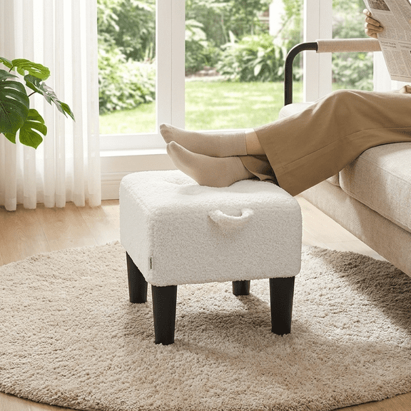 LEDREM Small Ottoman Foot Stool with Thick Cushion, Footrest with Sturdy Angled Legs for Living Room, Bedroom, Entryway, White and Black