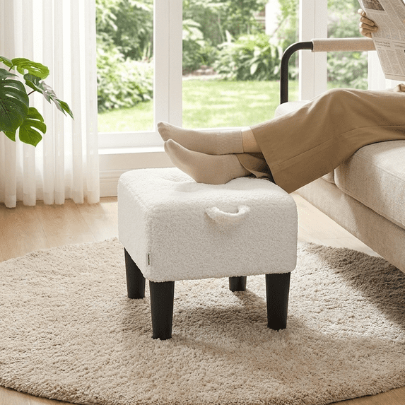 LEDREM Small Ottoman Foot Stool with Thick Cushion, Footrest with Sturdy Angled Legs for Living Room, Bedroom, Entryway, White and Black