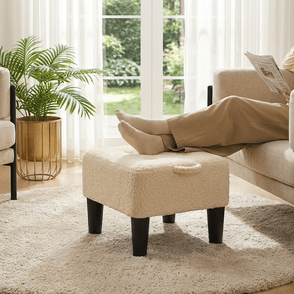 LEDREM Small Ottoman Foot Stool with Thick Cushion, Footrest with Sturdy Angled Legs for Living Room, Bedroom, Entryway, Sand and Black