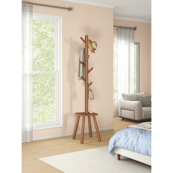 LEDREM Free Standing Coat Rack with 8 Hooks and Storage Shelf, 69.2-Inch Tall Hall Coat Tree for Entryway and Bedroom, Caramel Brown