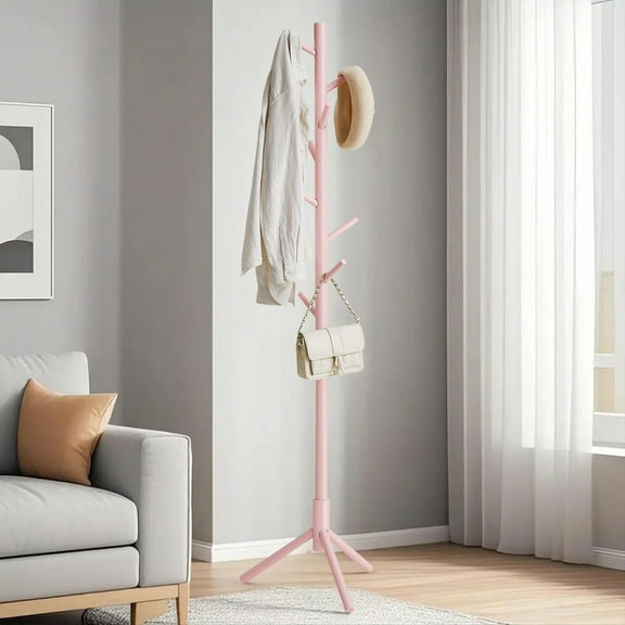 LEDREM Free-Standing Tree Coat Rack, Solid Wood with 8 Hooks, Adjustable 3-Section Height, for Hats,Bags,Clothes, Stable Triangular Base, Space-Saving, Jelly Pink