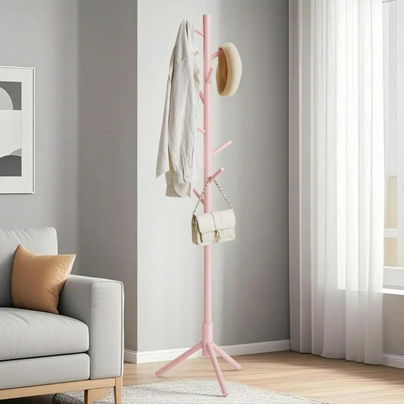 LEDREM Free-Standing Tree Coat Rack, Solid Wood with 8 Hooks, Adjustable 3-Section Height, for Hats,Bags,Clothes, Stable Triangular Base, Space-Saving, Jelly Pink