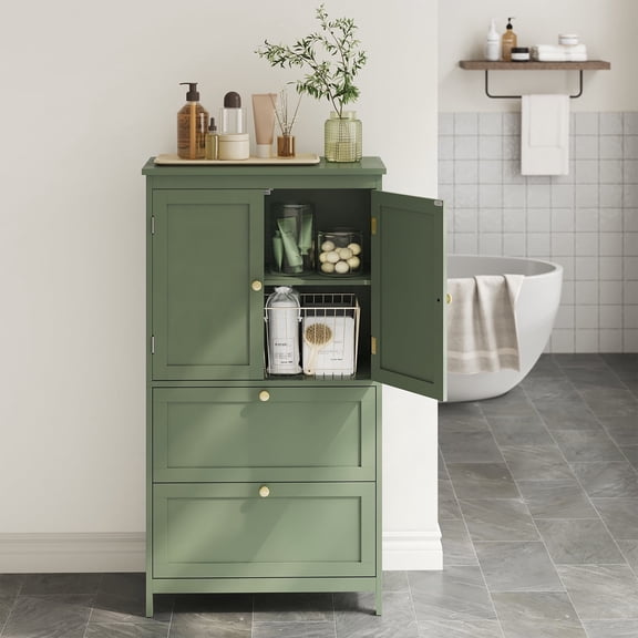 LEDREM Bathroom Floor Storage Cabinet, Freestanding Cabinet with 2 Doors 2 Drawers, for Kitchen Living Room Small Spaces,Green