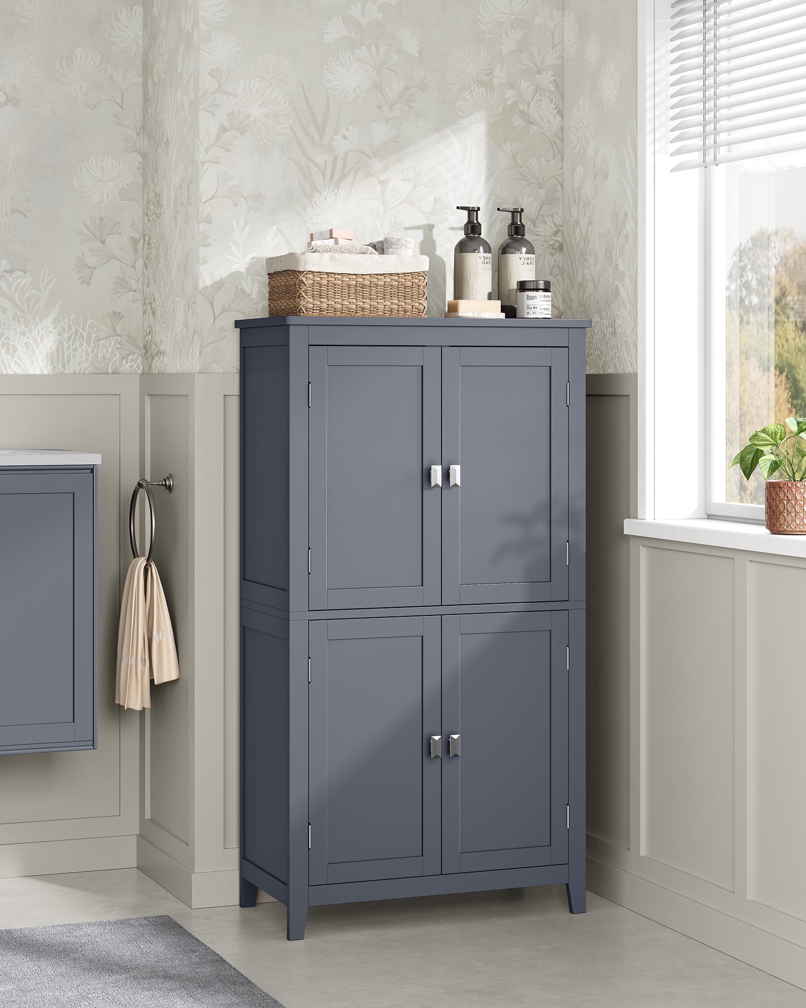 LEDREM Bathroom Storage Floor Cabinet Organizer with 4 Doors & Adjustable Shelves, 43" Wooden Pantry Cabinet Freestanding for Kitchen Living Room Small Spaces, Slate Gray
