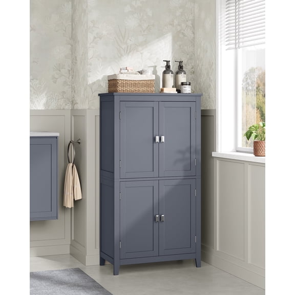 LEDREM Bathroom Storage Floor Cabinet Organizer with 4 Doors & Adjustable Shelves, 43" Wooden Pantry Cabinet Freestanding for Kitchen Living Room Small Spaces, Slate Gray