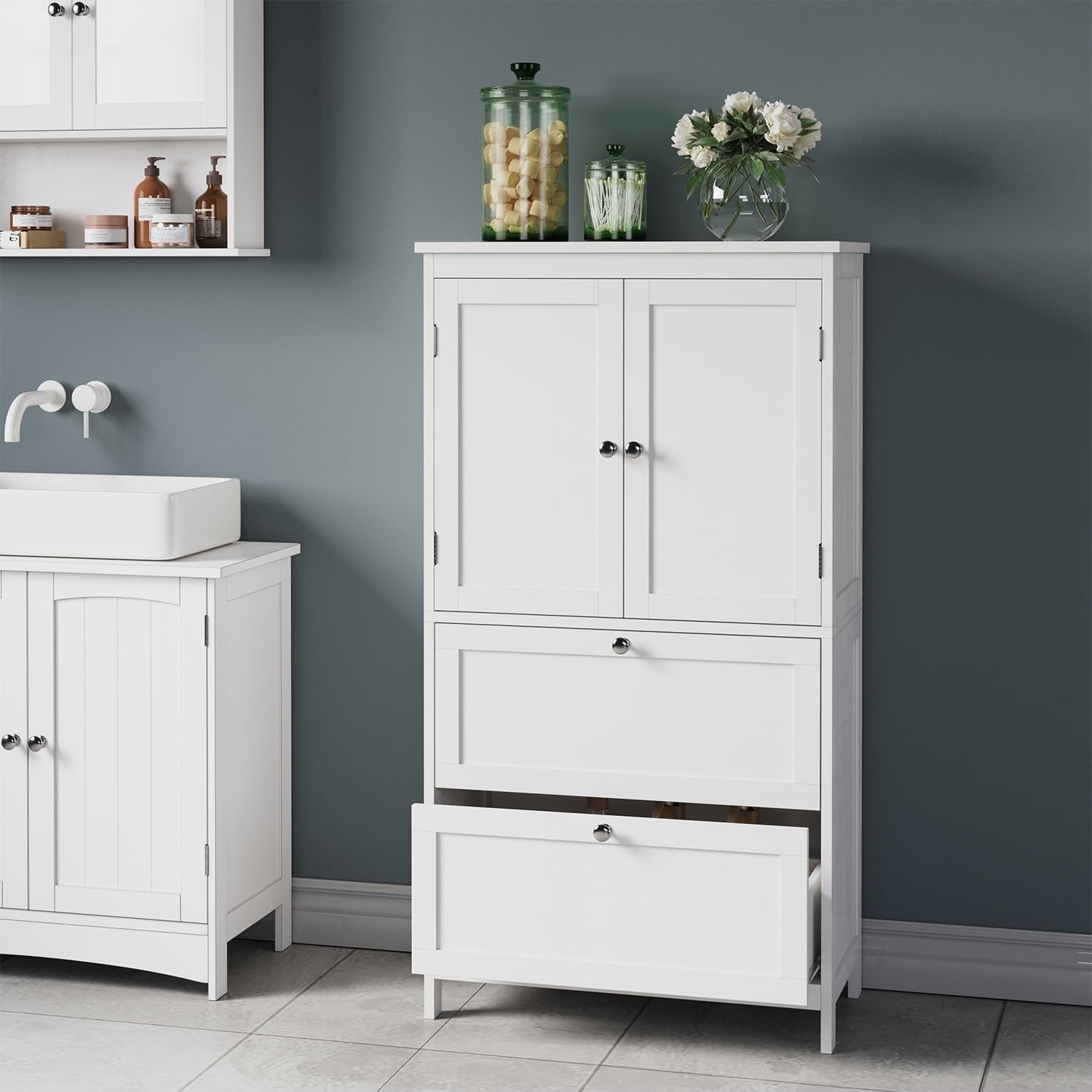 LEDREM Bathroom Floor Storage Cabinet, Freestanding Cabinet with 2 Doors 2 Drawers, for Kitchen Living Room Small Spaces, White