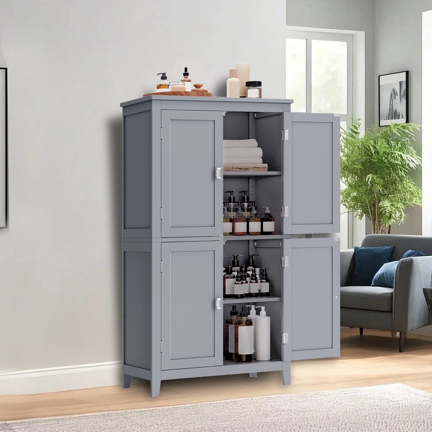 LEDREM Bathroom Storage Floor Cabinet Organizer with 4 Doors & Adjustable Shelves, 43" Wooden Pantry Cabinet Freestanding for Kitchen Living Room Small Spaces, Mystic Gray