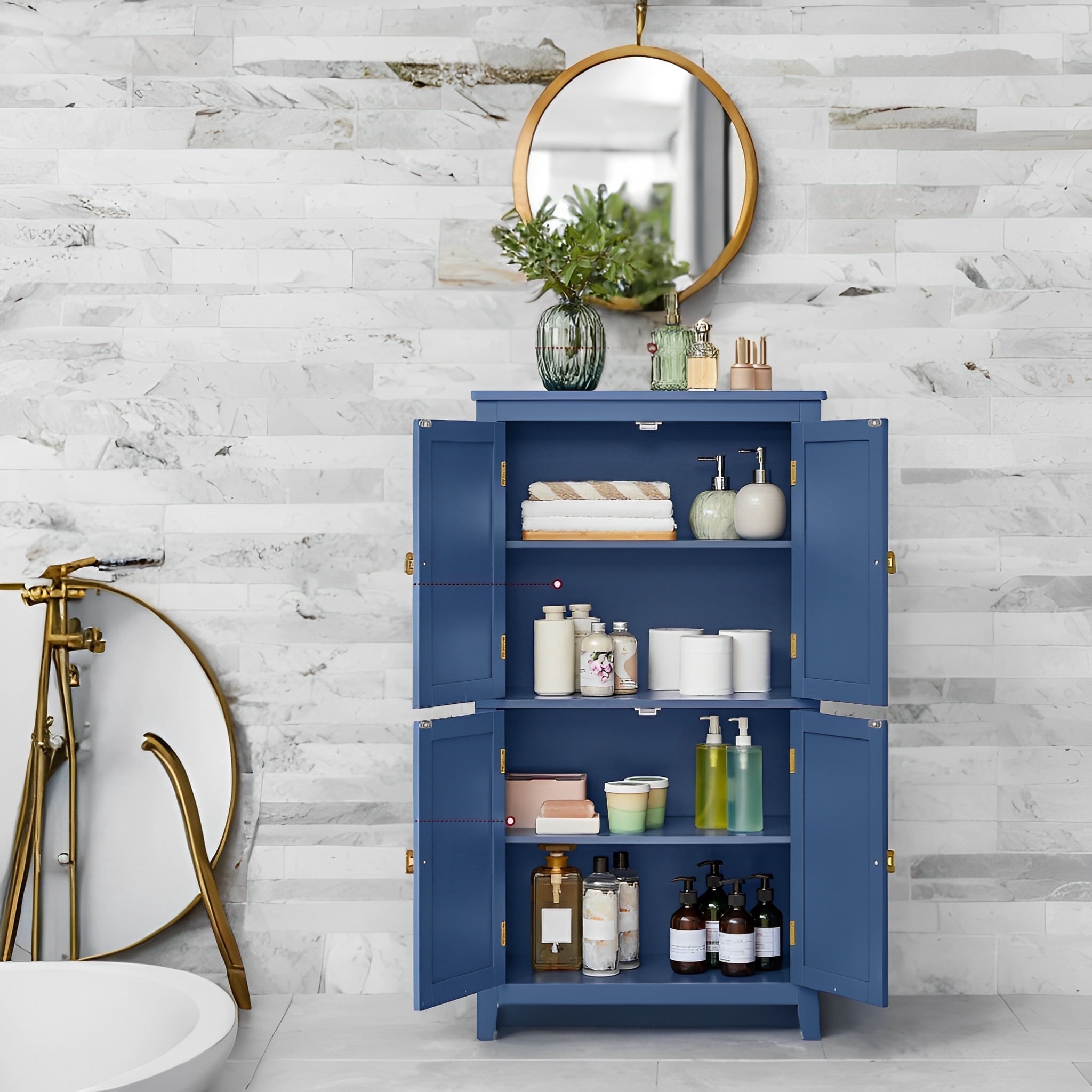 LEDREM Bathroom Storage Floor Cabinet Organizer with 4 Doors & Adjustable Shelves, 43" Wooden Pantry Cabinet Freestanding for Kitchen Living Room Small Spaces, Blue