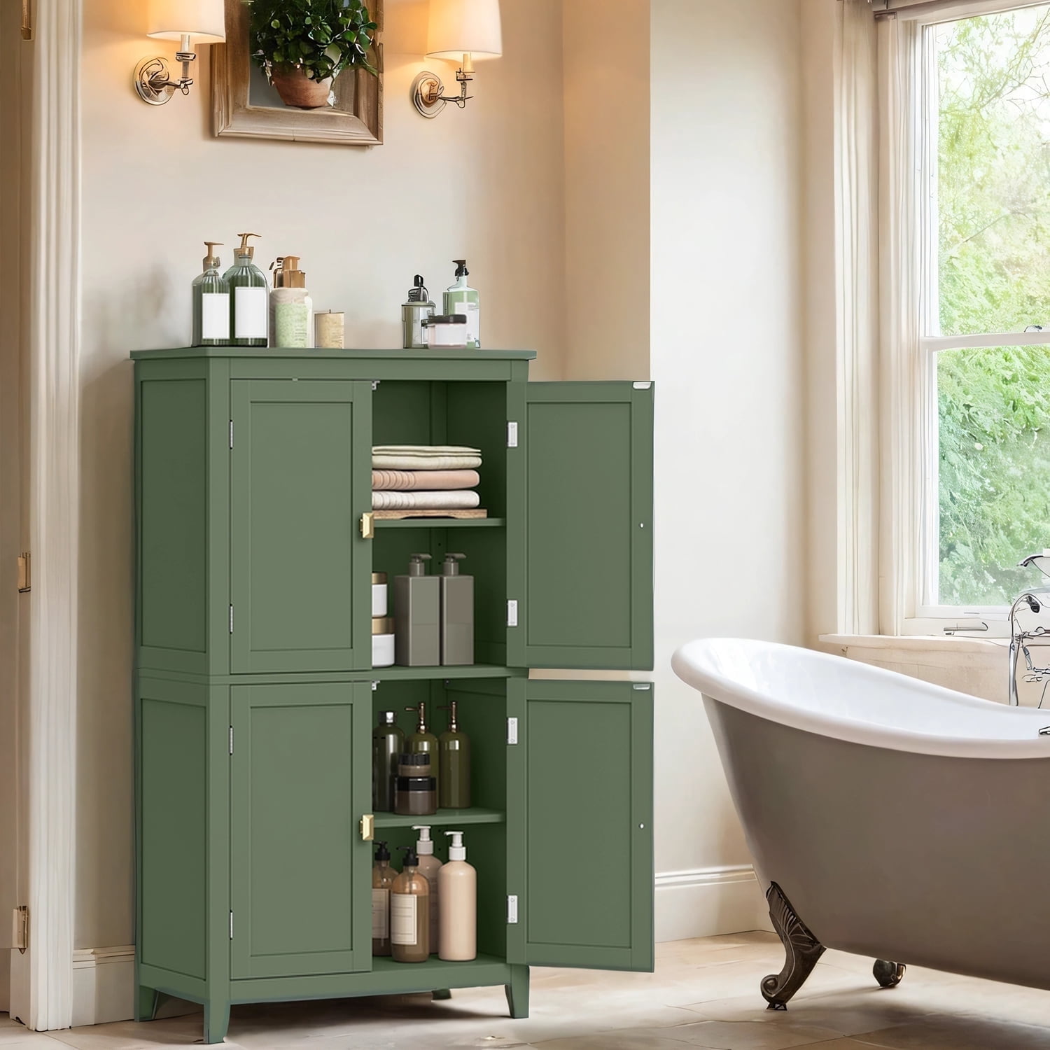 LEDREM Bathroom Storage Floor Cabinet Organizer with 4 Doors & Adjustable Shelves, 43" Wooden Pantry Cabinet Freestanding for Kitchen Living Room Small Spaces,Green